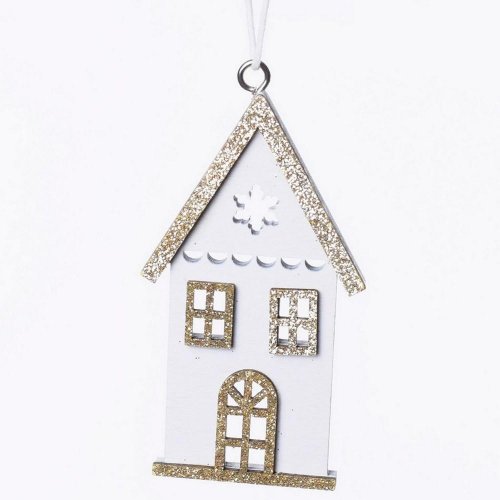 Drevený domček záves biela+zlatá 4,5x0,7x8cm