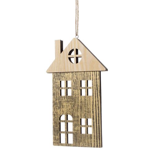 Záves domček drevo zl/nat 11.5*19cm