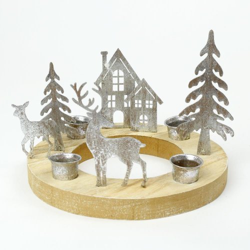 Svietnik advent príroda drevo/kov strieb 19x19x14cm - Vianočné dekorácie