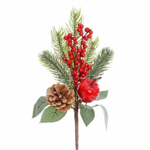 Vian. konár čečina, zeleň, jablko,šiška, červ. bobule 26cm - Umelé kvety