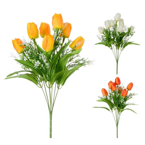 Kytica tulipán, biele kvietky, zeleň mix/f 36cm