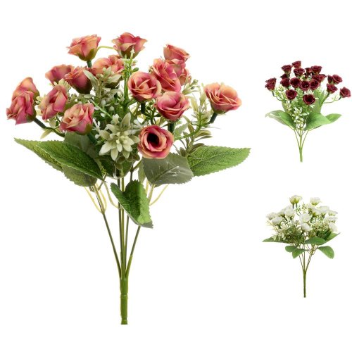 Kytica ružičky, drob.kvety, zeleň mix/3f 27cm