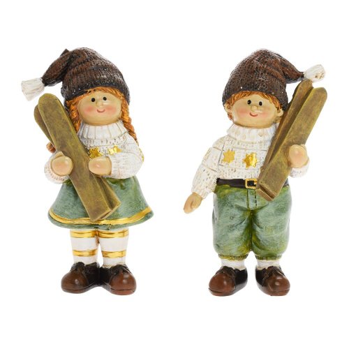 Chlapec, dievča s lyžami hne/zel mix/2 poly 5*3,5*10,5cm