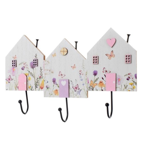 Vešiak domčeky kvet. motív bie/ruž/fia drevo 30*18*4cm