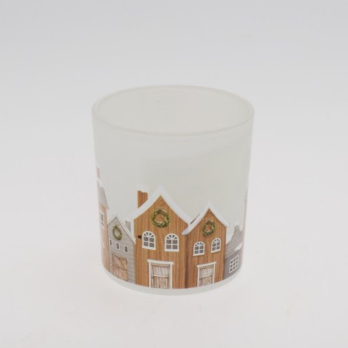 Svietnik krajinka bie/far sklo 7,3*7,3*8cm - Vianočné dekorácie a ozdoby