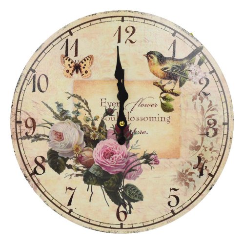 Hodiny nástenné mdf dia 34cm ruže+vták