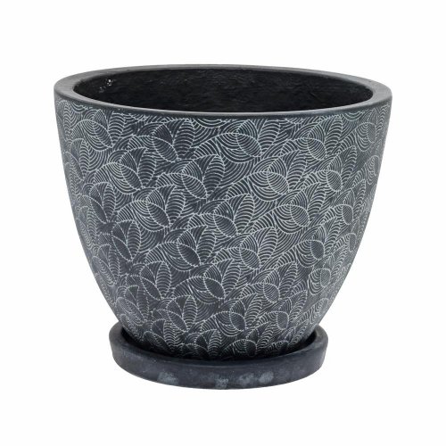 J83 kvetináč + miska okrúhly leaf čierna 30h24,5cm m