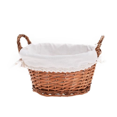 Prút. košík ovál hnedý s rúčkou biela látka 29x23x15cm