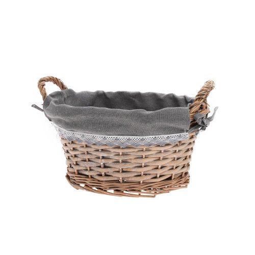 Prút. košík ovál šedý s rúčkou šedá látka 29x23x15cm