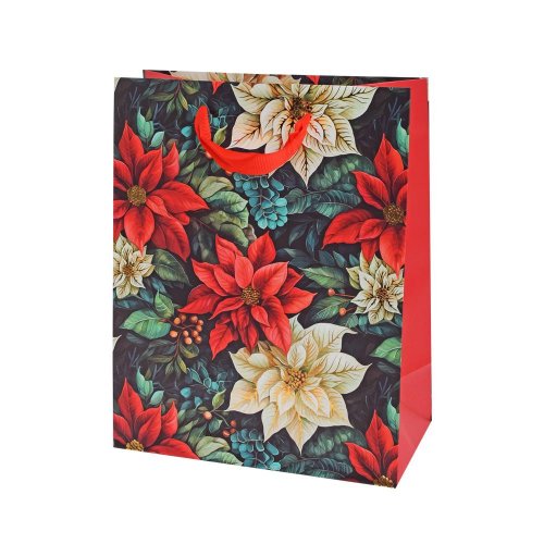 Taška vianočná výška 25 × 20+10 cm poinsettia on black - Vianočné dekorácie