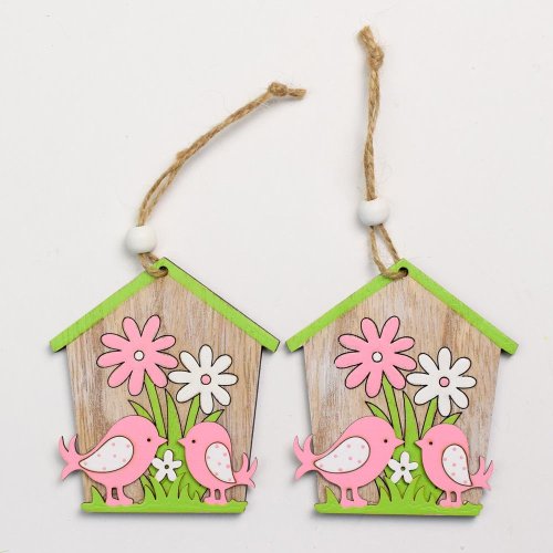 Záves domček vtáky drevo s/2 7,6x8,5cm ružový - Veľkonočné vajíčka