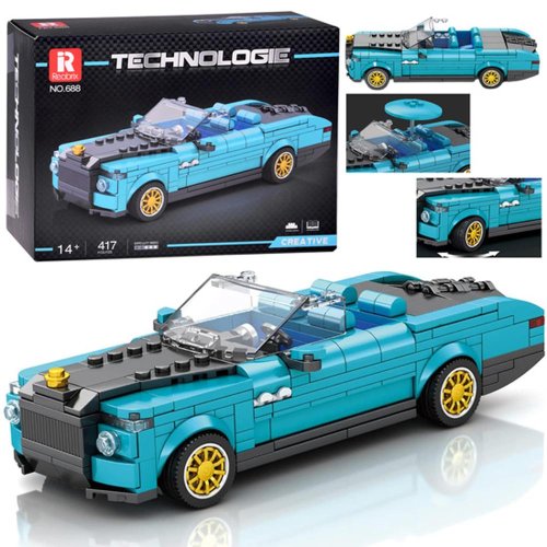 Technické bloky retro auto modrý kabriolet zlaté disky 417 dielikov