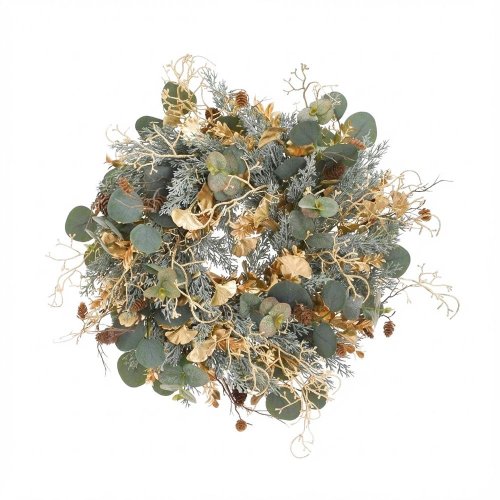 Veniec eucalypt, tuja, šišky, ginko zeleno-zlatý 50 cm