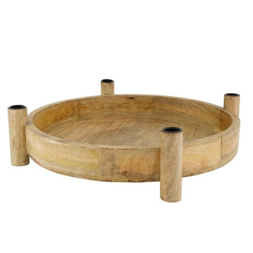 Okrúhly podnos z mangového dreva so svietnikmi 38x43x10cm
