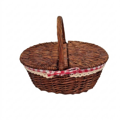 Prút. piknikový košík ovál sv. hnedá s rúčkou biela látka 35x25x17x33cm - Vianočné dekorácie