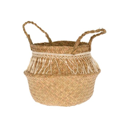 Ratanový koš se chomáčky, přírodní, 27 × 17 cm