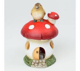 Domček muchotrávka s vtáčikom led keramika 8*8*12.8cm