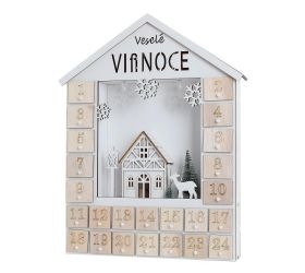 Drevený adventý kalendár LED veselé vianoce 30 × 6 × 38 cm