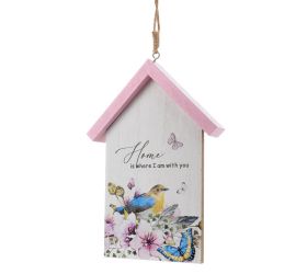 Záves búdka s vtáčim motívom bie/ruž drevo 12*2*15,5cm
