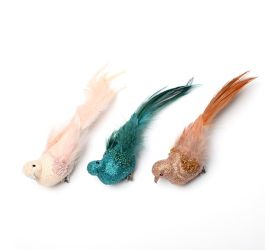 Vtáčik na štipci krém/bl.ruž, bl.hne,tyrk/zel gor/glit mix/3 perie s/2 18*4,5*5cm