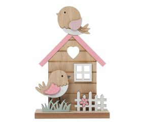 Domček s vtákmi drevo 13x5x18cm natur ružový