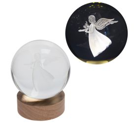 Led guľa sklo na drev.podstavci s podsvietením anjel 10*12cm