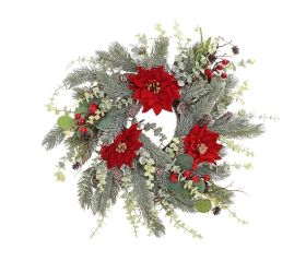 Veniec čečina, zeleň,poinsetia čer.,šišky 60cm